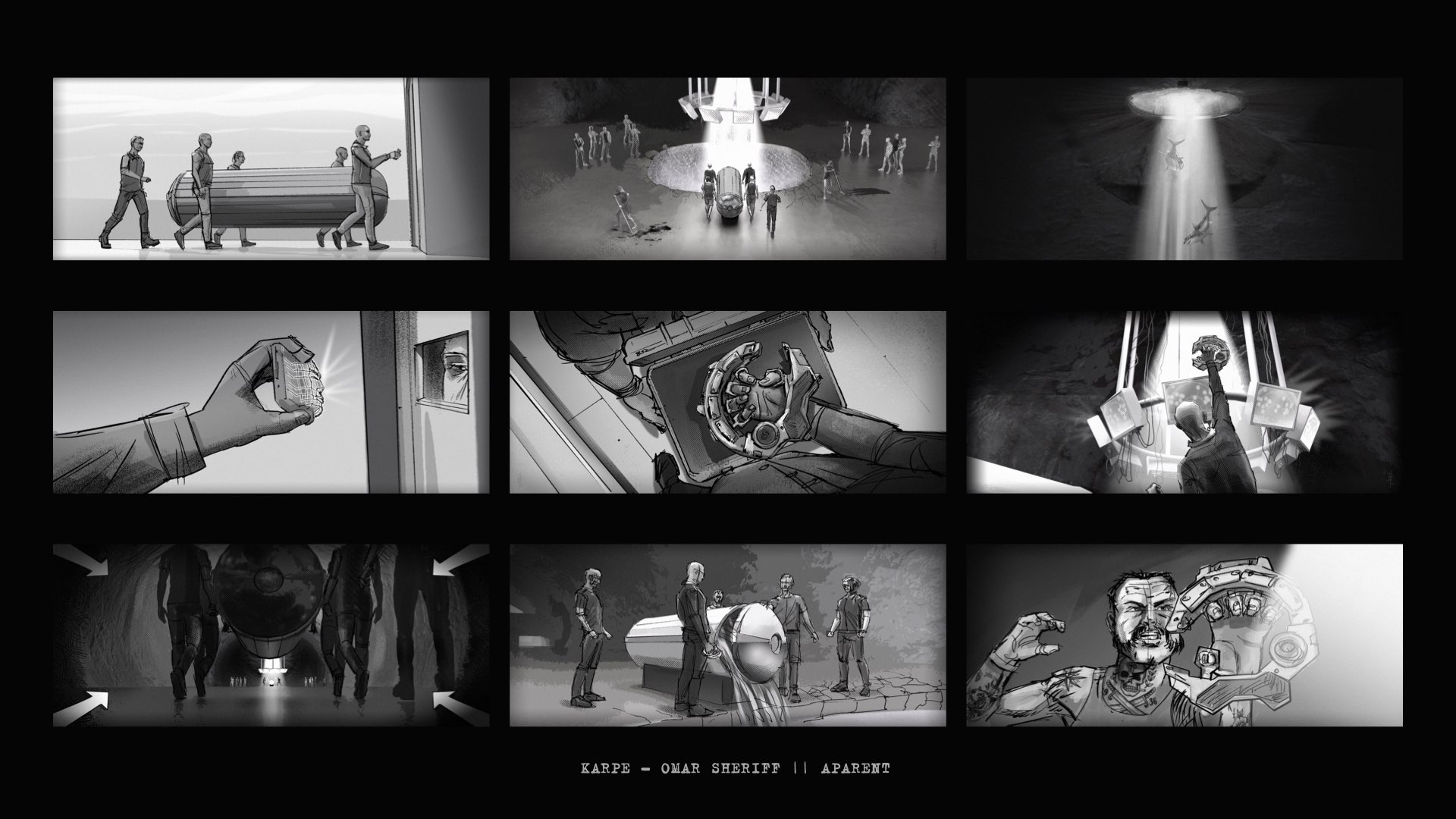 Concept boards og storyboard av Raymond Karsten Johansen for Karpes musikkfilm Omar Sheriff — ni gråtonede ruter.