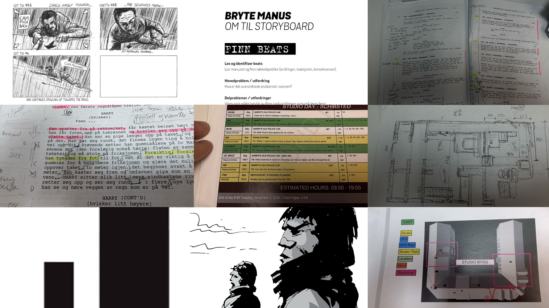 Storyboard og prosessark av Raymond Karsten Johansen: manus brutt ned i beats, annoterte sider, shotliste og planløsning.
