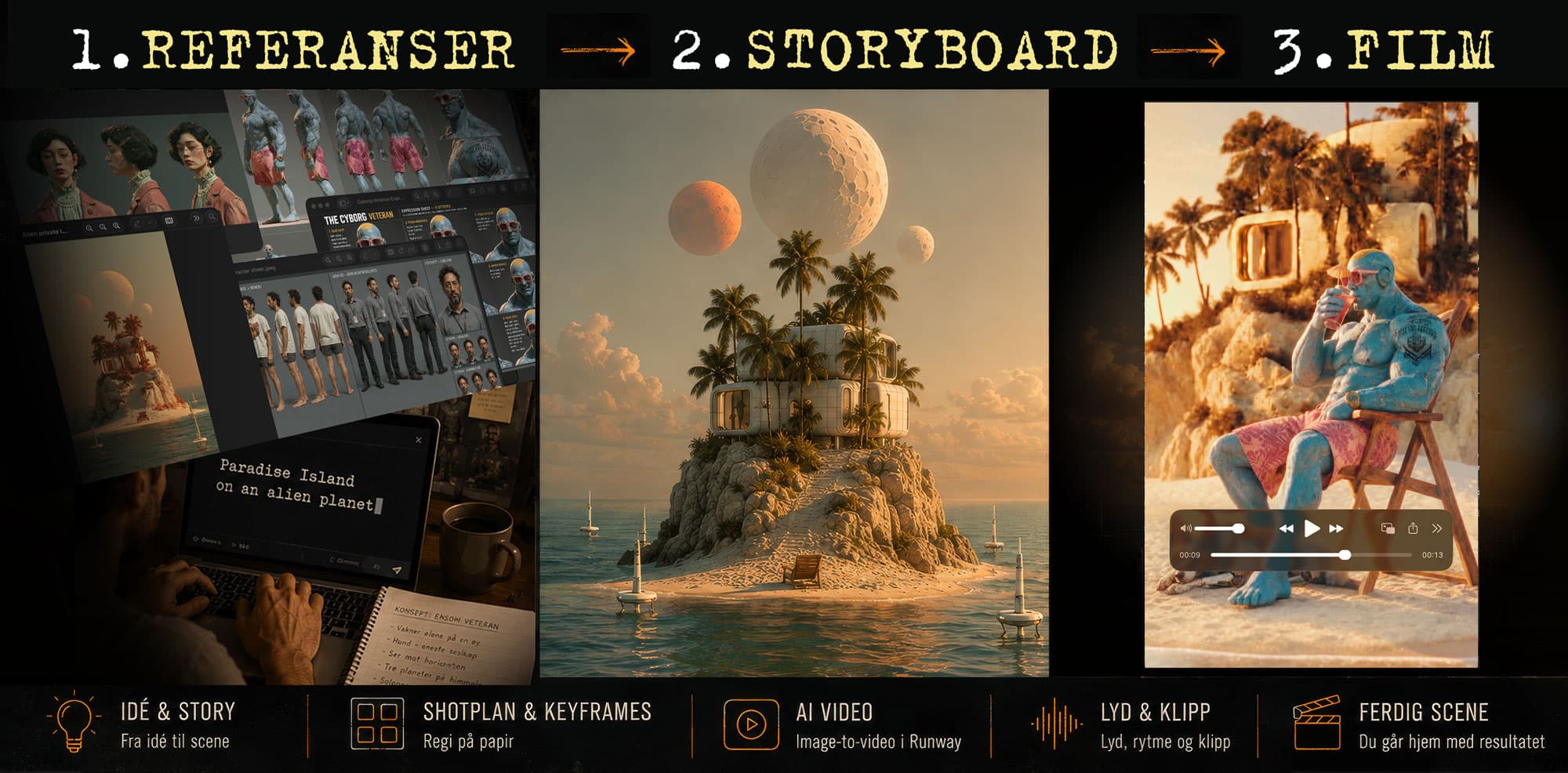 Kursbanner: referanser, storyboard og ferdig film — idé og story, shotplan og keyframes, AI-video, lyd og klipp, ferdig scene.