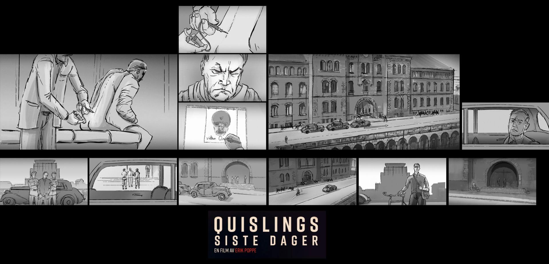 Storyboard, concept board og concept art av Raymond Karsten Johansen for Quislings siste dager, en film av Erik Poppe – håndjern, nærbilde, Møllergata-fasaden og bilinteriør.