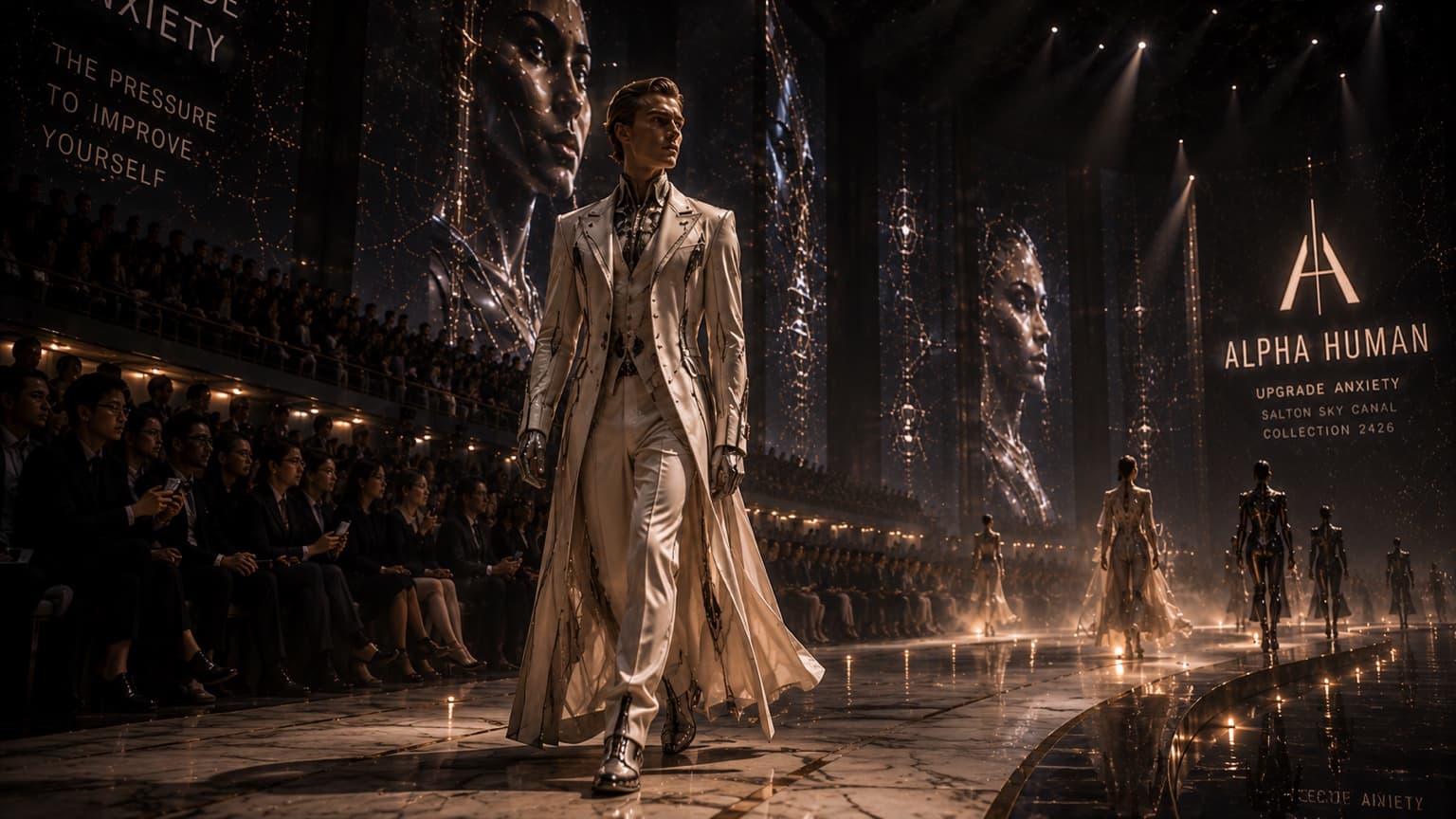 Sci-fi fashion runway still by Raymond Karsten — a model in a white technical coat walking a neon-lit runway, from the Alpha Human collection series