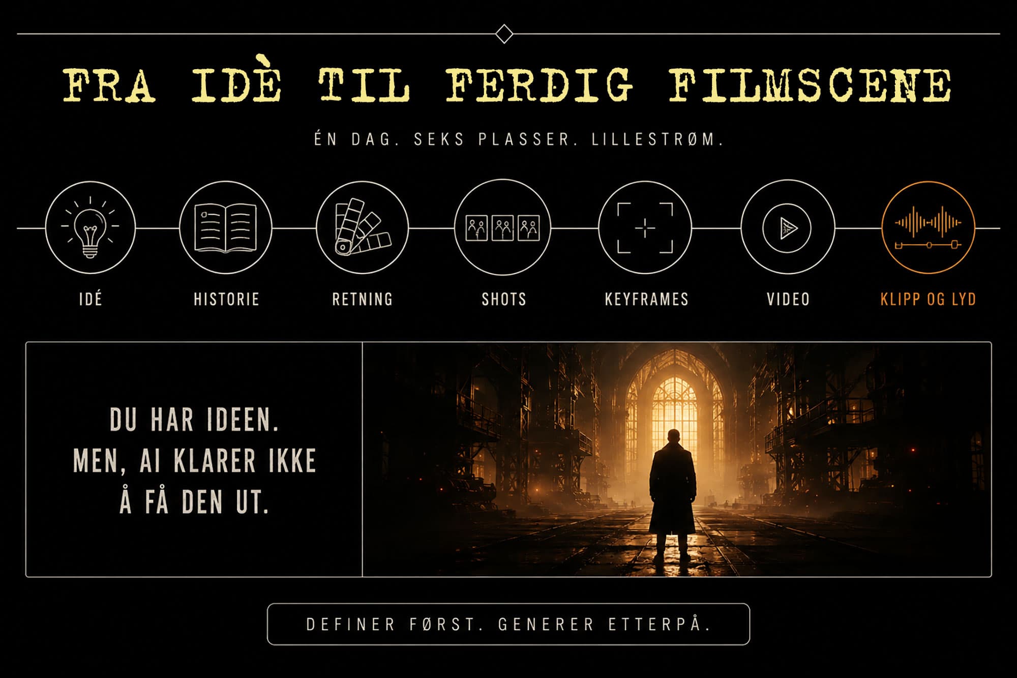 Kursbanner: Fra idé til ferdig filmscene — prosesslinjen idé, historie, retning, shots, keyframes, video, klipp og lyd.