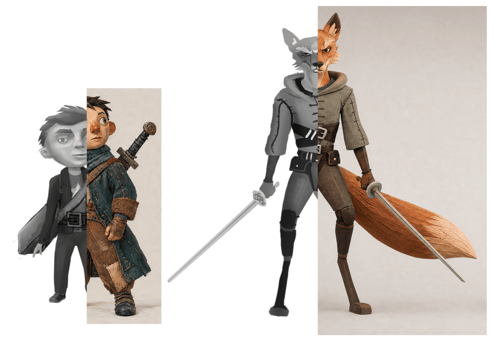 Character design sheet by Raymond Karsten — a fox swordsman shown from grey concept sketch to finished textured character
