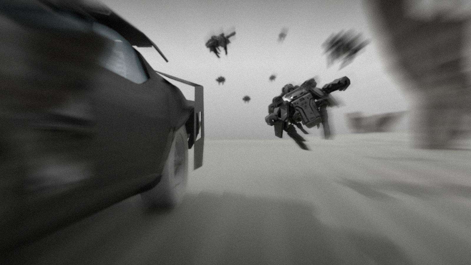 Storyboard, concept board og concept art av Raymond Karsten Johansen for et Alan Walker-prosjekt – bil i full fart forfulgt av væpnede droner over ørkenslette.