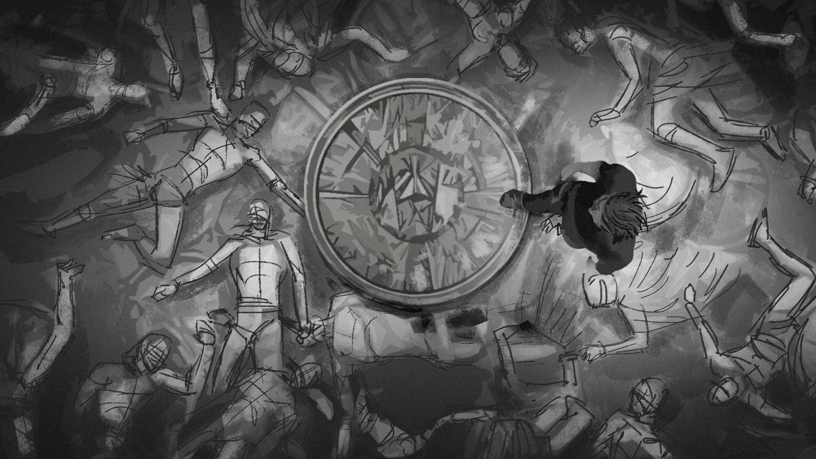Storyboard, concept board og concept art av Raymond Karsten Johansen for et Alan Walker-prosjekt – fugleperspektiv av figur ved et rundt skjold omgitt av falne krigere.