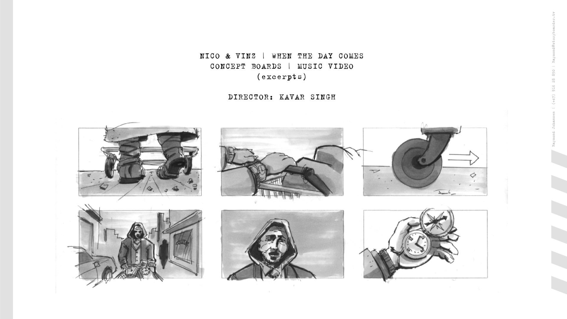 Concept boards av Raymond Karsten Johansen for Nico og Vinz - When The Day Comes, regi Kavar Singh