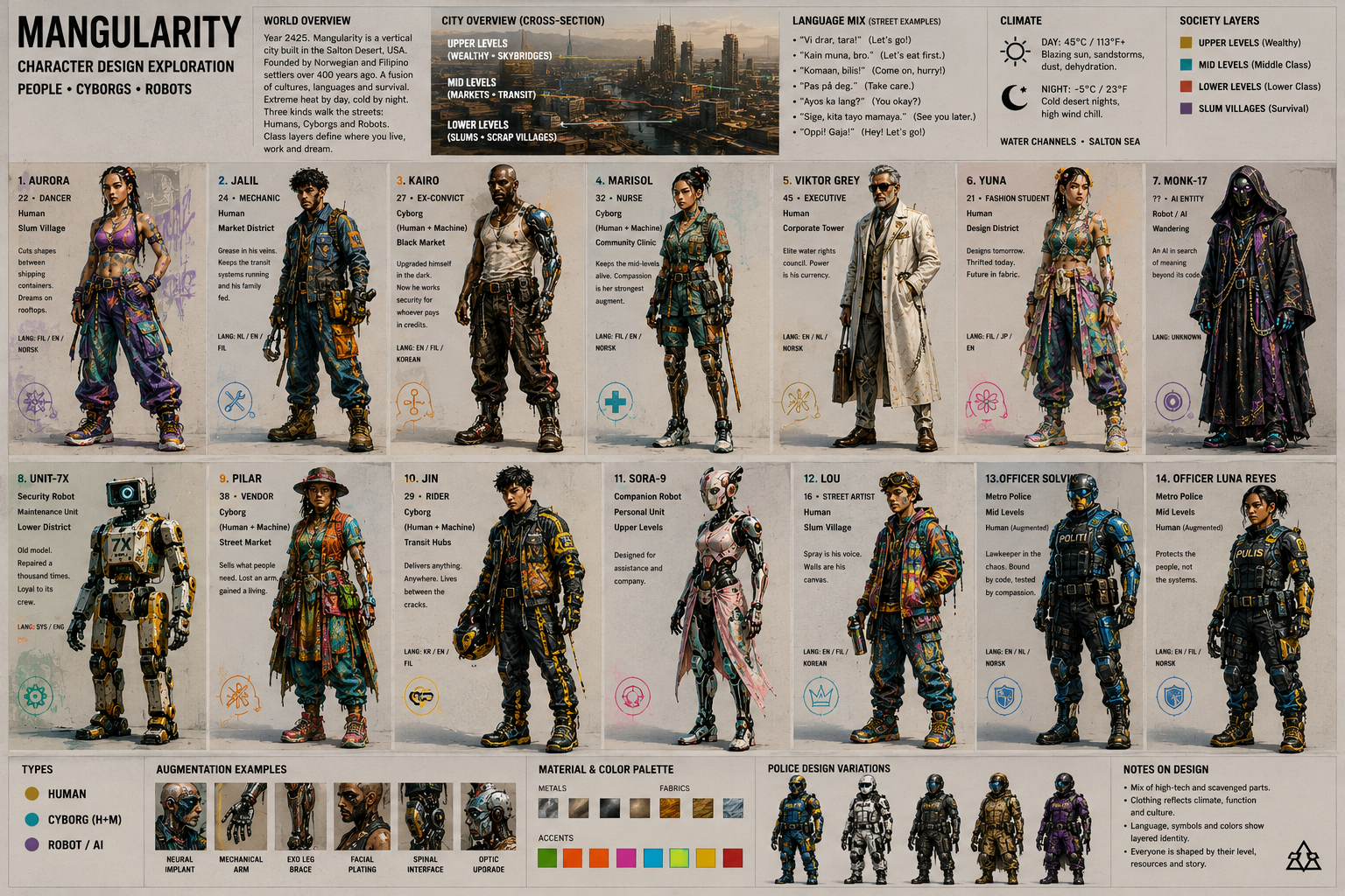 Character design sheet by Raymond Karsten showing three body views and multiple facial expressions for a young female protagonist in a leather jacket