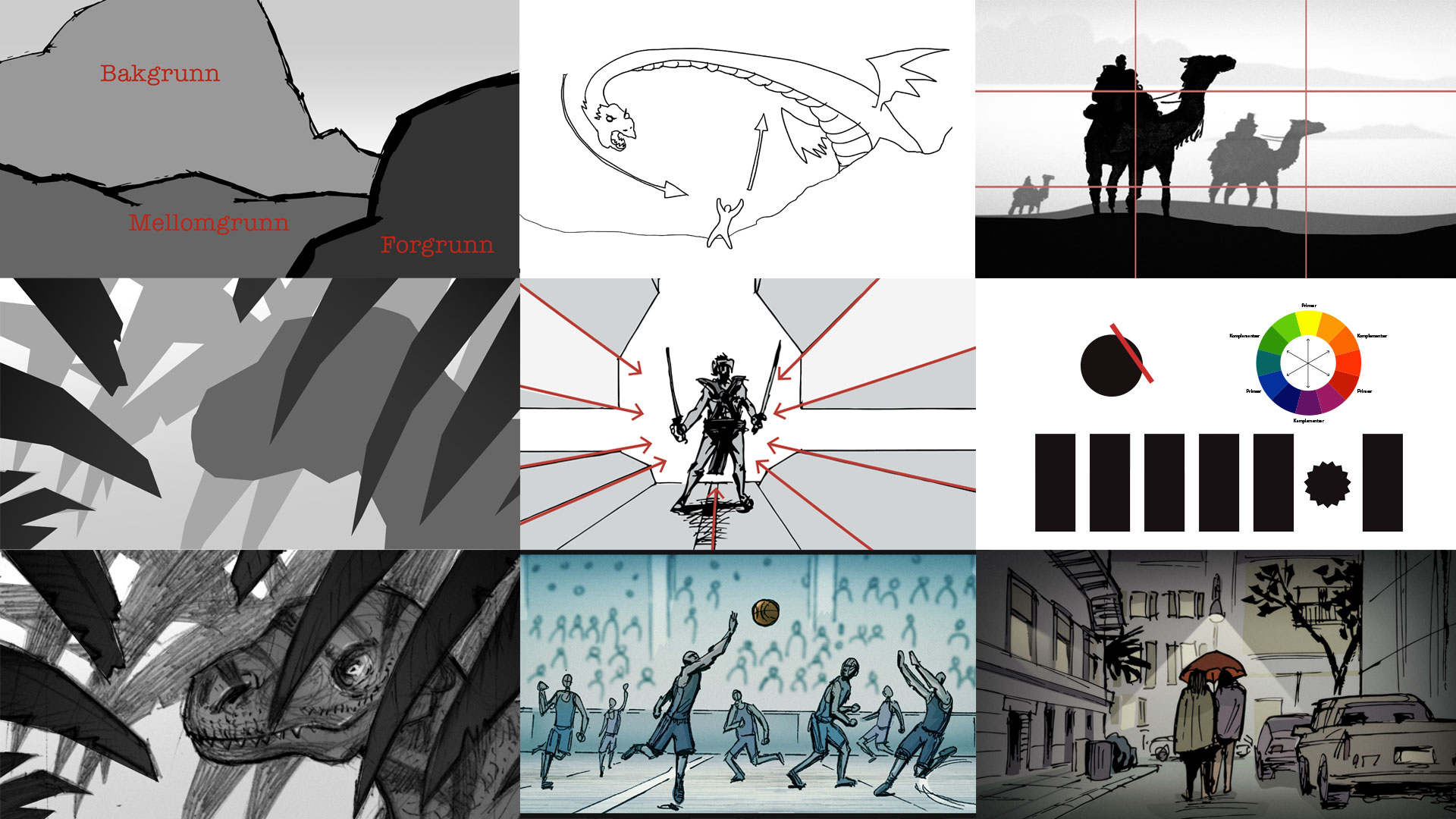 Storyboard-undervisningsark av Raymond Karsten Johansen: forgrunn, mellomgrunn, bakgrunn, tredelingsregelen og ledelinjer.
