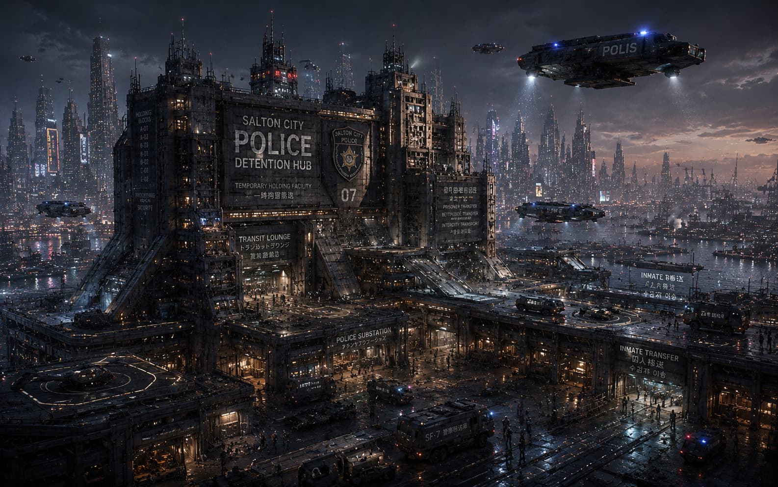 Cyberpunk cityscape by Raymond Karsten used as an establishing shot — dense neon skyline at night above a Salton City police detention hub sign, an example of choosing a palette and mood instead of accepting the tool's default