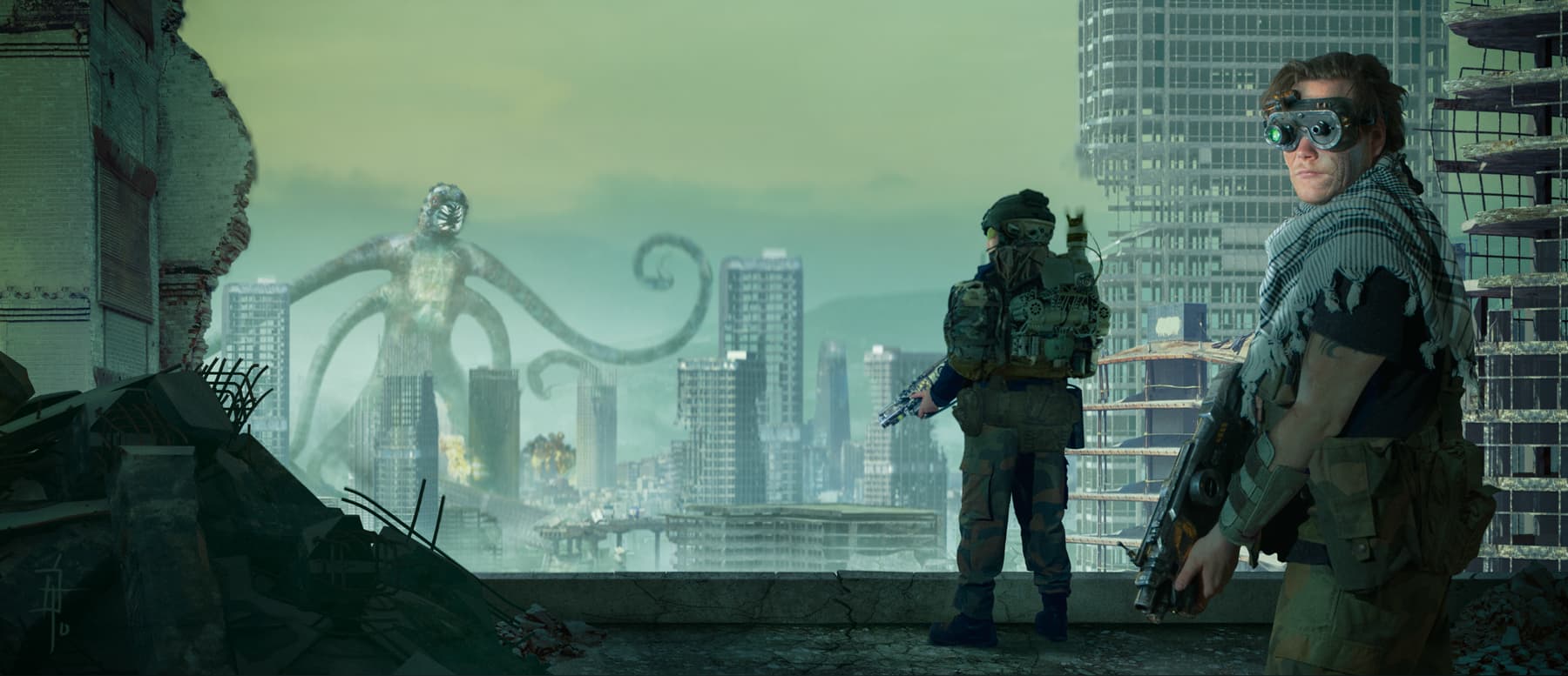 Alien Titan concept art by Raymond Karsten — two soldiers on a ruined rooftop watching a colossal tentacled creature rise over a destroyed city in green haze